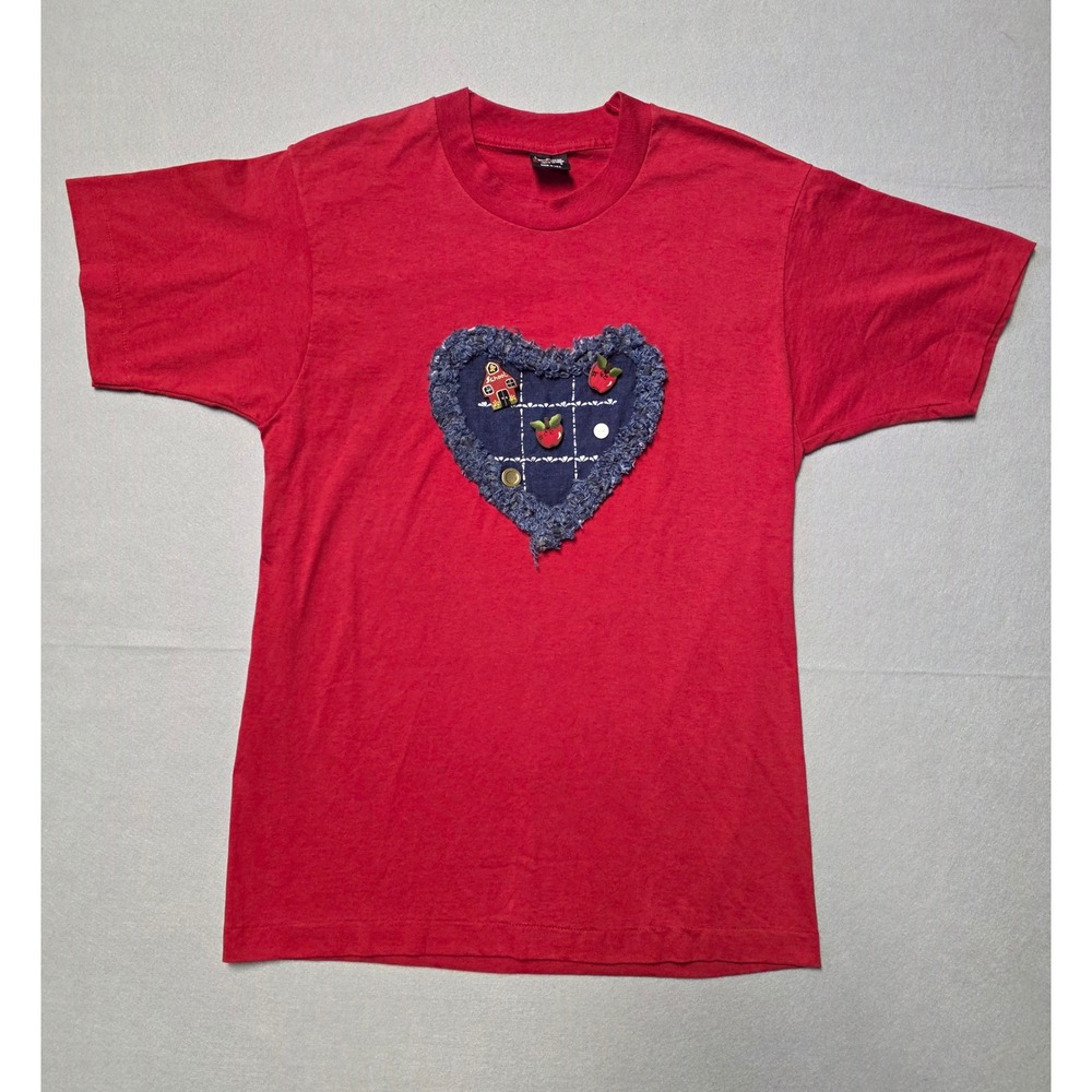 Vintage 90s Fruit of the Loom Single Stitch Denim Heart Teacher Tee L